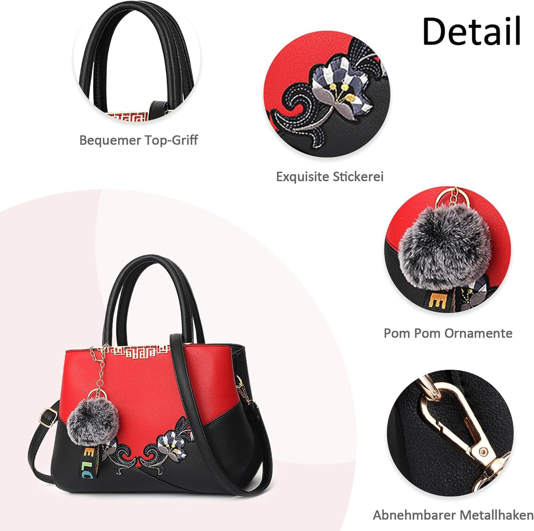 DORRISO Damen Handtasche Mode Stickdesign Schultertasche Grosse Kapazität Umhängetasche Casual Reise