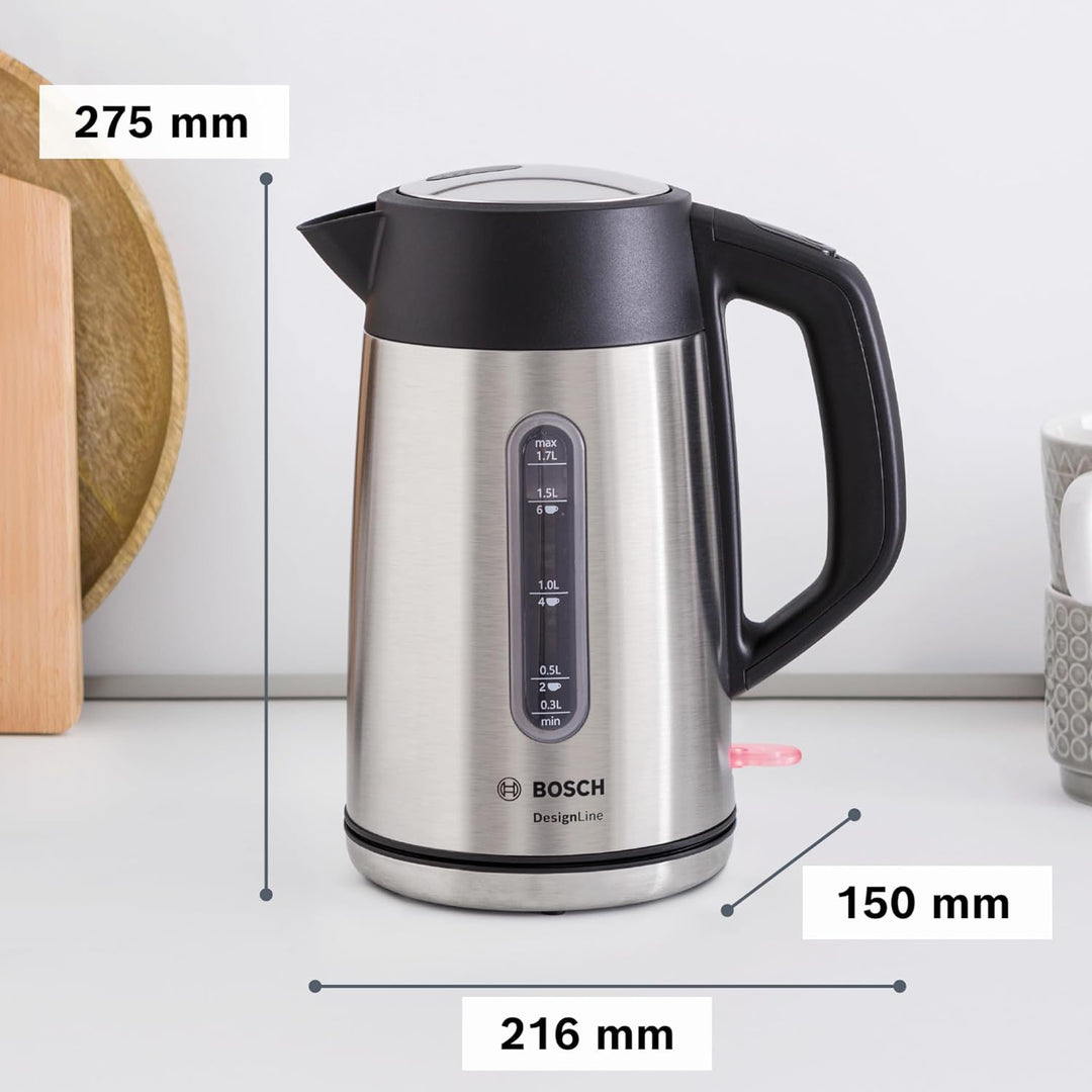 Bosch kabelloser Wasserkocher DesignLine TWK4P440, Ausgiessen ohne Spritzer, Tassenanzeige, Wasserst
