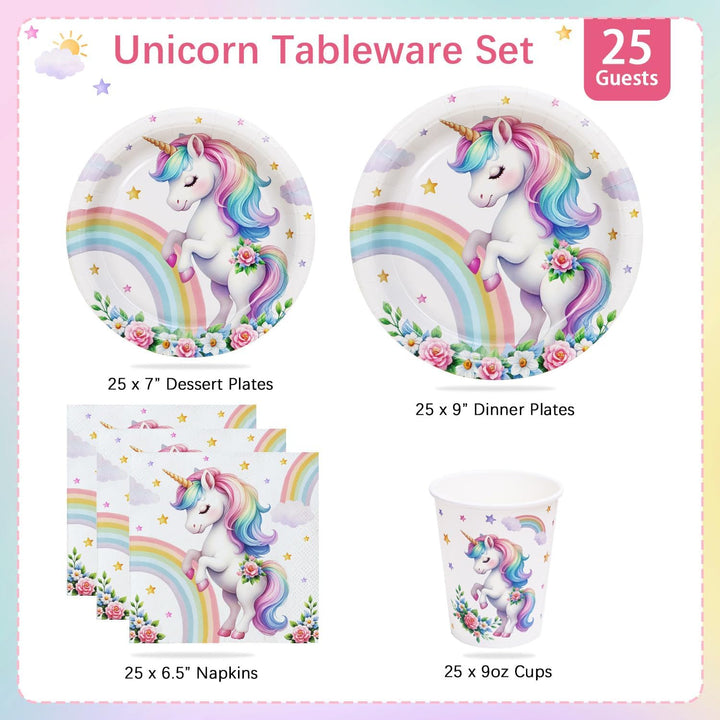 Heboland Einhorn Deko Kindergeburtstag Pappteller Set für 25 Gästen, 125pcs Einhorn Pappteller Pappb