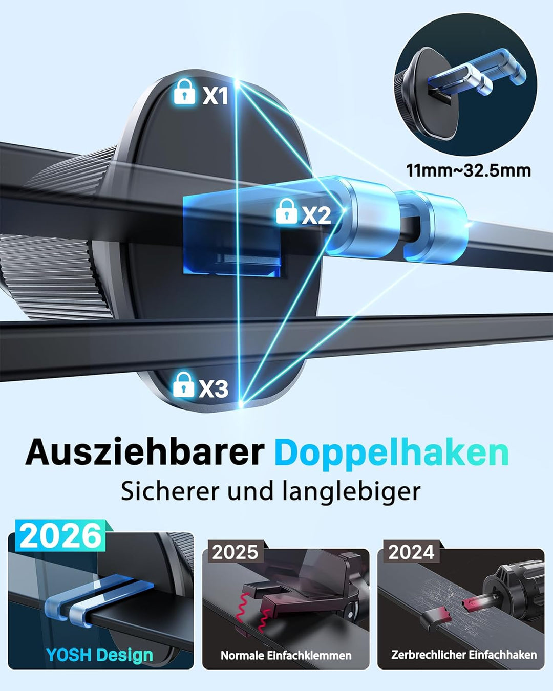 YOSH für Magsafe Autohalterung mit Ladefunktion 15W, [verlängerter Metall-Doppelhaken &amp; N56 Magnete]