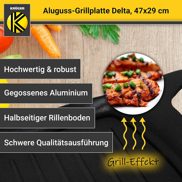 Krüger Aluguss-Grillplatte Delta 47x29cm - Grill-Platte mit Antihaft-Versiegelung und halbseitigem R