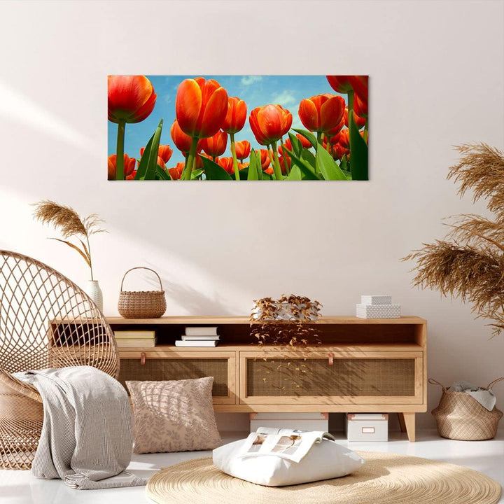 Panorama Bilder auf Leinwand 100x40cm Leinwandbild Tulpe Blume blauer Himmel Gross Wanddeko Bild Sch
