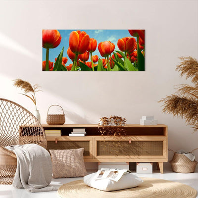 Panorama Bilder auf Leinwand 100x40cm Leinwandbild Tulpe Blume blauer Himmel Gross Wanddeko Bild Sch