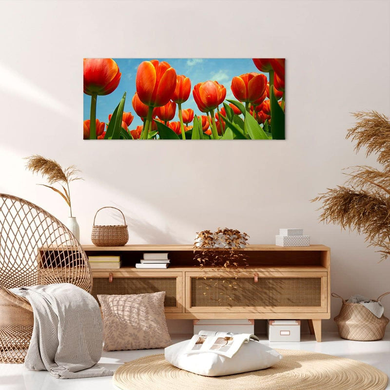 Panorama Bilder auf Leinwand 100x40cm Leinwandbild Tulpe Blume blauer Himmel Gross Wanddeko Bild Sch