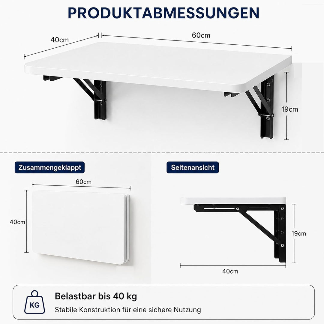 Wandklapptisch 60x40 cm Weiss, Klapptisch Wandmontage, 40 kg | Platzsparender Klapptisch aus Holzwer