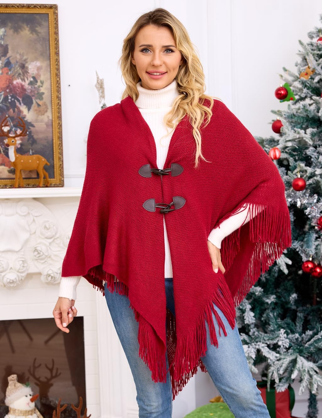 Ferand Damen Poncho Locker sitzender Cape Schal mit offener Vorderseite für Herbst und Winter Rot, R