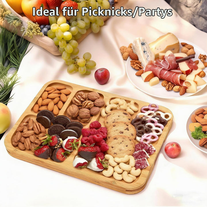 Charcuterie-Bretter mit Deckel und Griff, tragbares Bambus-Käsebrett mit 6 Fächern, Serviertablett f