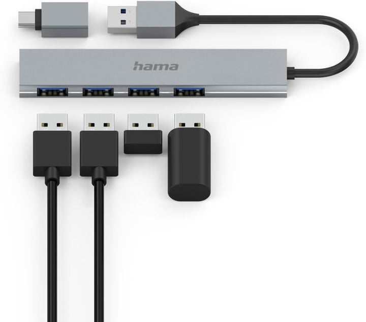 Hama USB-Hub 4 Ports (USB-A und USB-C-Anschluss, 4X USB-A für Maus, Tastatur, Externe Festplatte, US
