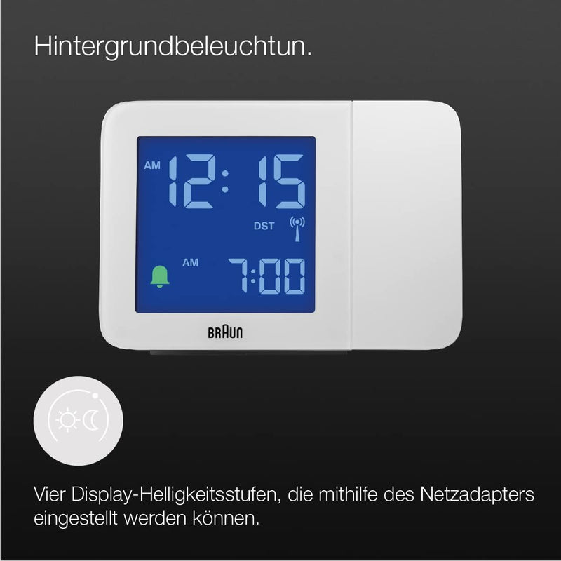 Braun Digitaler Funk-Projektionswecker für die mitteleuropäische Zeitzone (DCF) mit negativem LCD-Di