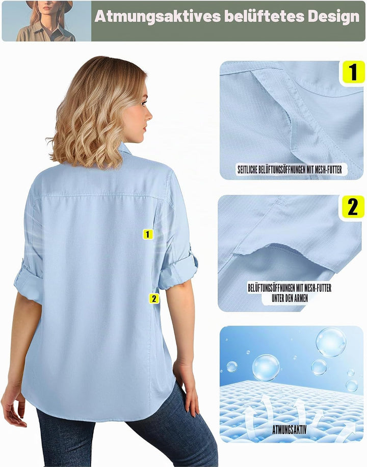 33,000ft Hemdbluse Damen UPF50 UV Schutz Hemd Schnelltrocknende Button-Down Shirts Atmungsaktive Wan