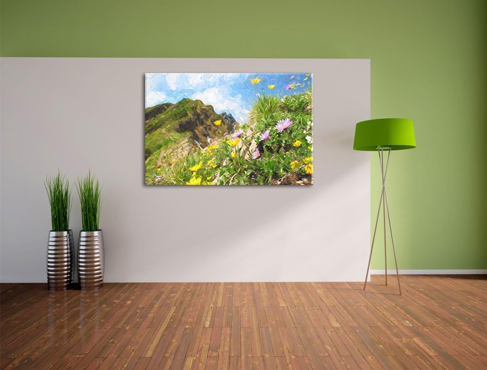 Pixxprint Bergwiese im Frühling als Leinwandbild/Grösse: 100x70 cm/Wandbild/Kunstdruck/fertig bespan