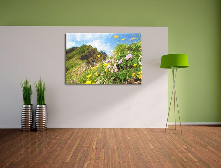 Pixxprint Bergwiese im Frühling als Leinwandbild/Grösse: 100x70 cm/Wandbild/Kunstdruck/fertig bespan