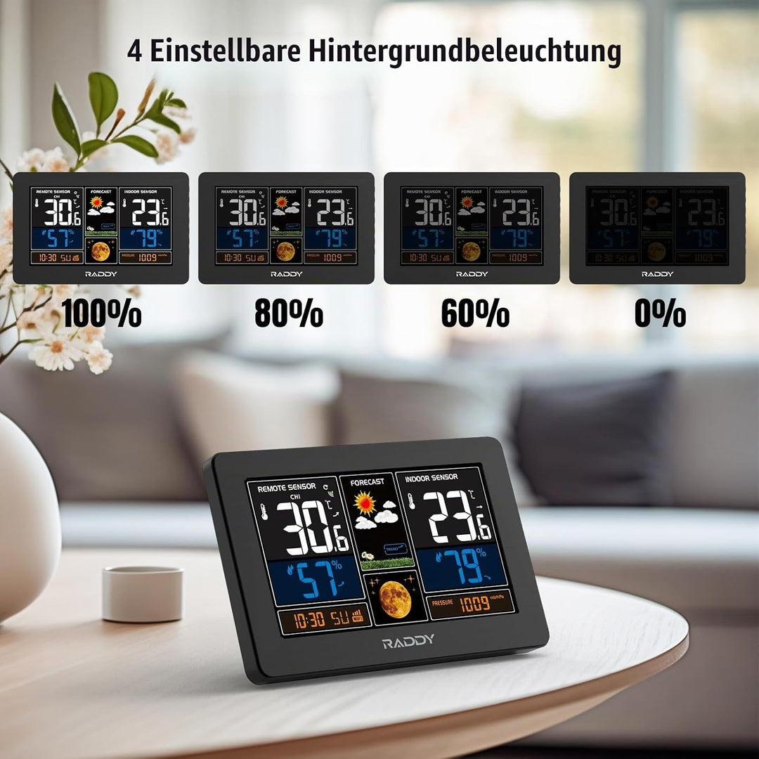 Raddy N75 Wi-Fi Wetterstation mit Aussensensor, 7,5" Funk-Wetterstation, Innen und Aussen Wettervorh