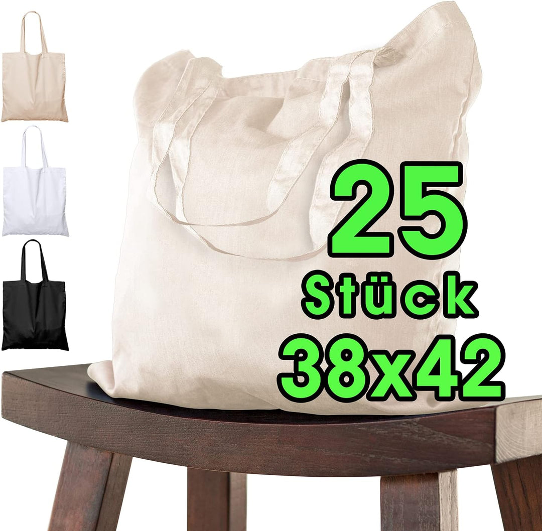 Baumwolltasche 38x42 cm unbedruckt, 25 Stück - Zwei KURZE Henkel OEKO-TEX® zertifiziert Stofftasche,