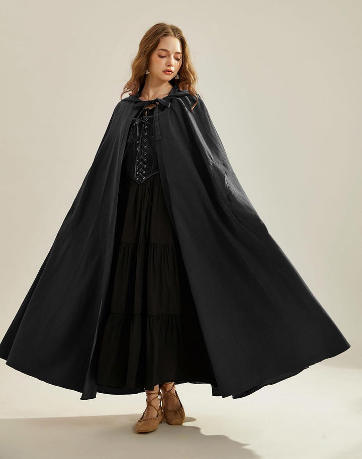 SCARLET DARKNESS Damen Mittelalter Umhang mit Kapuze Unisex Maxi Umhang Hexe Cosplay Cape Schwarz, S