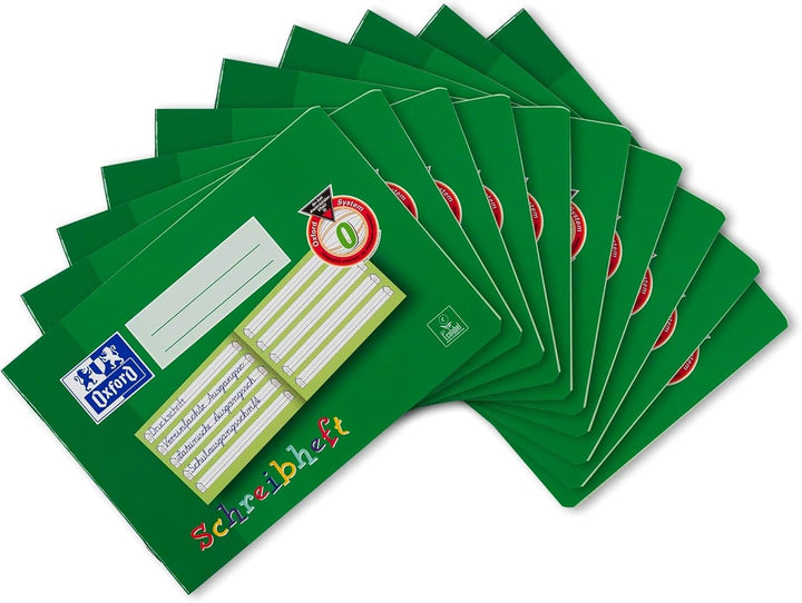 Oxford Schreibheft, A5 quer, Lin. 0 (1. Klasse), 16 Blatt, grün, 10 Stück & Schulheft A5, Lineatur 7