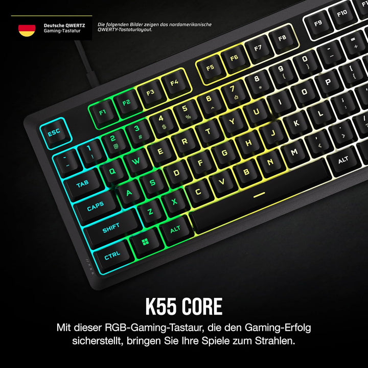 Corsair K55 CORE RGB Membran Kabelgebundene Gaming-Tastatur – Leise, Reaktionsschnelle Schalter – Sp