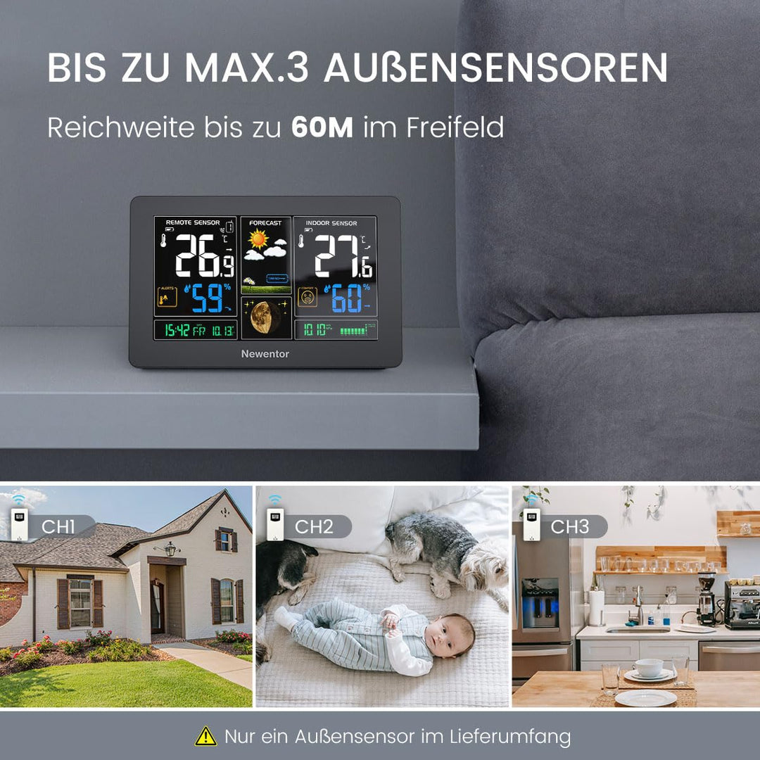 Newentor Wetterstation Funk mit Aussensensor - Funkwetterstation mit Wettervorhersage, Temperaturwar