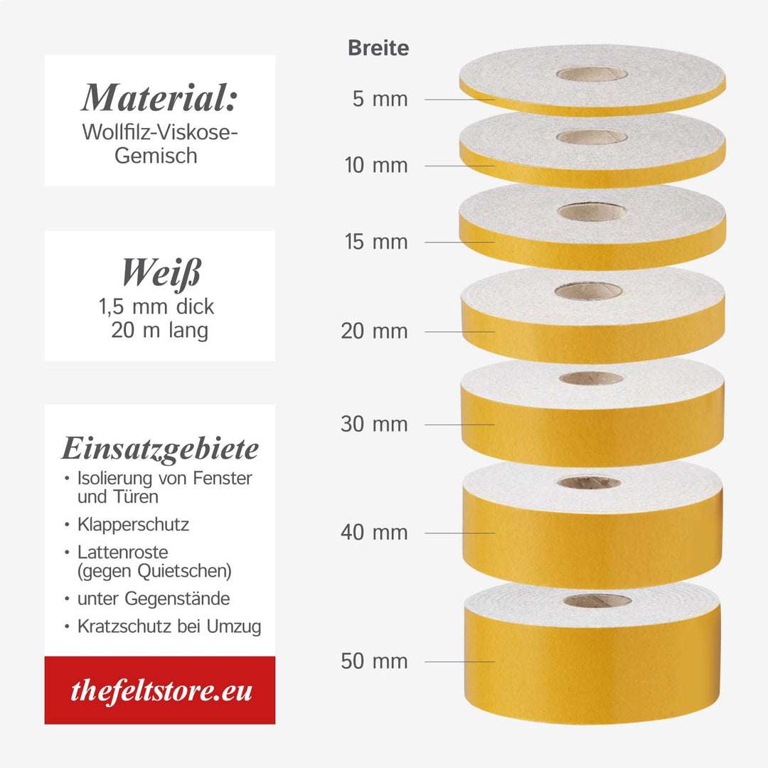 The Felt Store Filzband selbstklebend 40 mm breit, 1,5 mm dick, 20m lang, weiss - vielseitiger Filzs