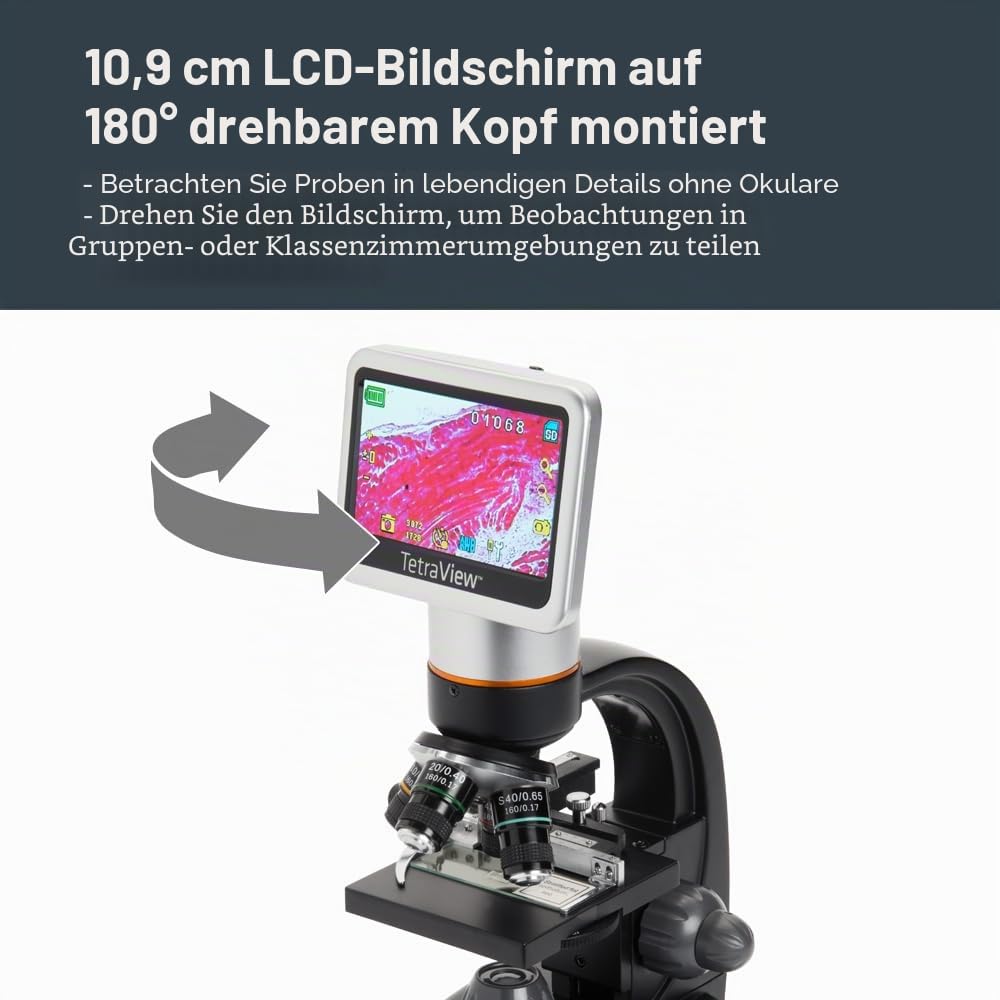 Celestron 44347 TetraView LCD Digitales Touchscreen-Mikroskop, 40- bis 400-fache Vergrösserung, Schw
