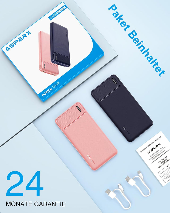 AsperX Power Bank 2 Stück, Powerbank 10000mAh (USB-C-Eingang und -Ausgang) Slim klein Aber stark Ext