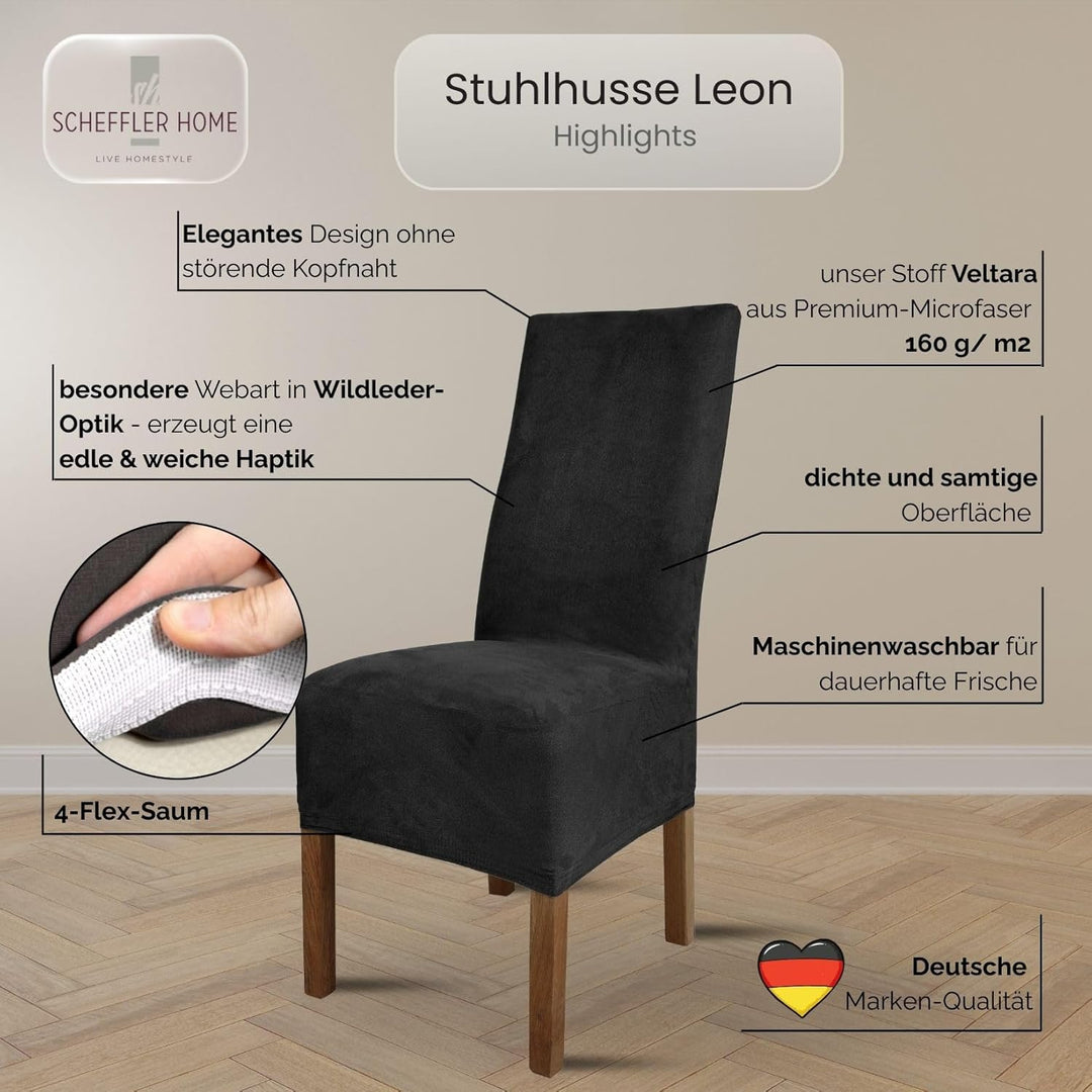 SCHEFFLER-Home Stuhlhussen 4er Set Leon Schwarz/elastische Wildleder Hussen für Stühle/Robustes Frei
