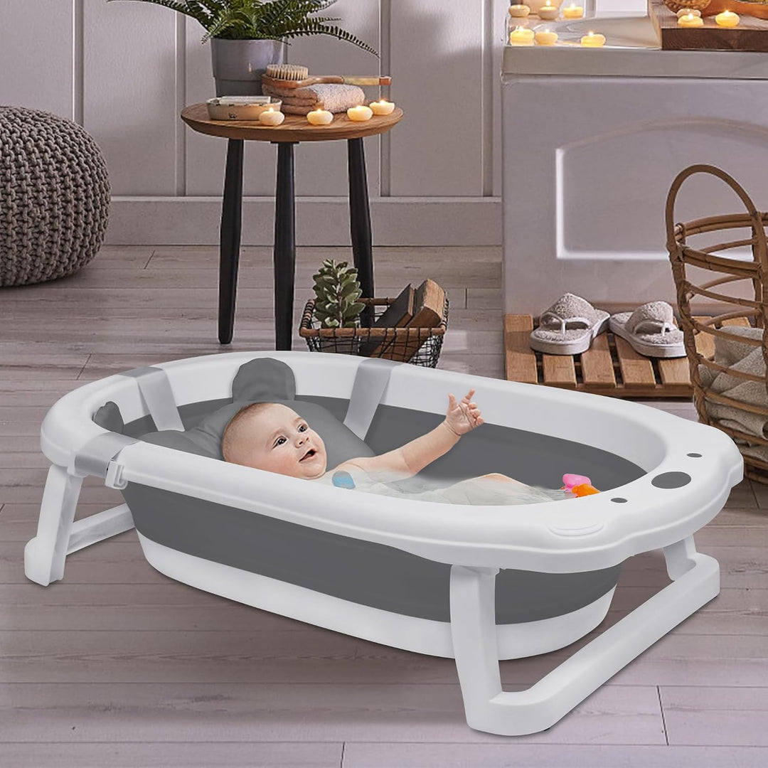 YUENFONG Baby Badewanne, Faltbar, PP Material, Anti Rutsch, Grau mit Sitzkissen Grau mit Badematte,