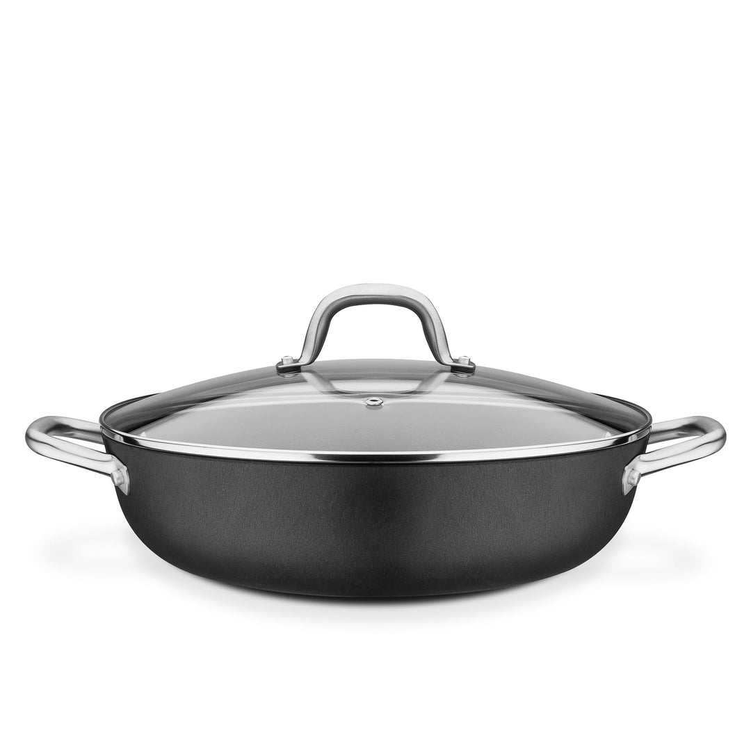 GSW 716499 Servierpfanne Robusta 30cm mit Glasdeckel, Gusseisen, Edelstahl rostfrei, schwarz