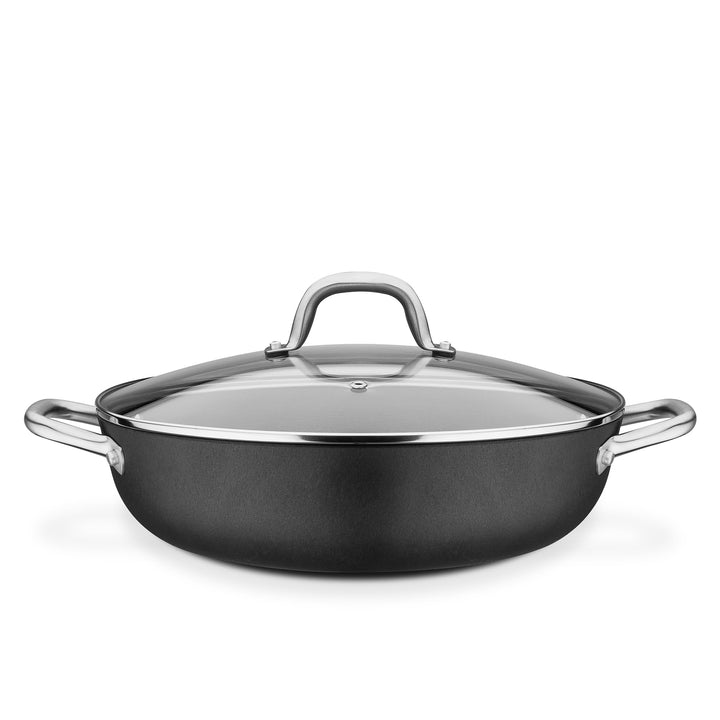 GSW 716499 Servierpfanne Robusta 30cm mit Glasdeckel, Gusseisen, Edelstahl rostfrei, schwarz