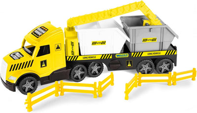 WADER 36470 Magic Truck Tieflader mit Baucontainern, Kran und Absperrgittern, ab 3 Jahren, ca. 79 cm