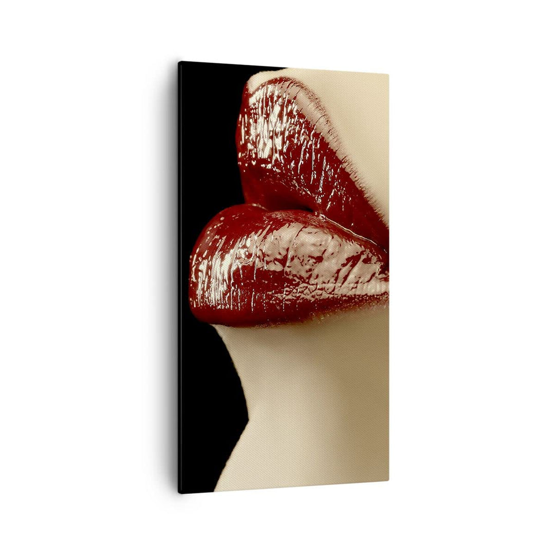 Bilder auf Leinwand 55x100cm Leinwandbild mit Rahmen Frau rote Lippen Lippenstift Gesicht Gross Wand