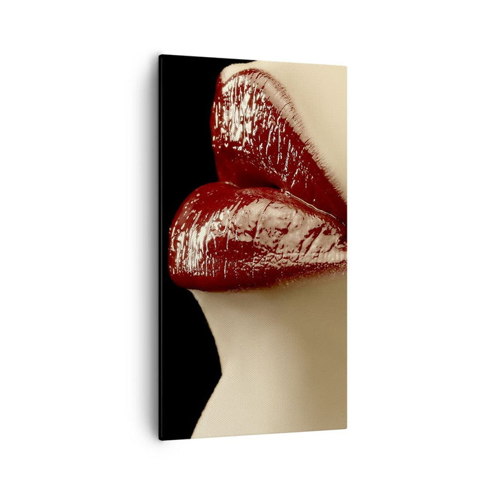 Bilder auf Leinwand 55x100cm Leinwandbild mit Rahmen Frau rote Lippen Lippenstift Gesicht Gross Wand