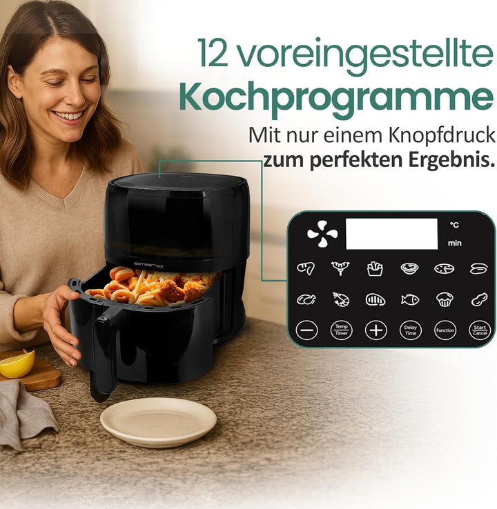 Emerio AF-129329.3 AirFryer, digitale Heissluftfritteuse mit Sichtfenster, 5 l Volumen, 1500 W, Schw