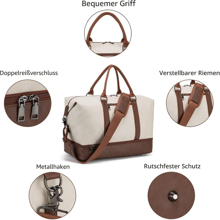 Reisetasche für die Nacht, Segeltuch, Leder, übergrosse Wochenendtasche, grosse Handgepäcktasche, Re