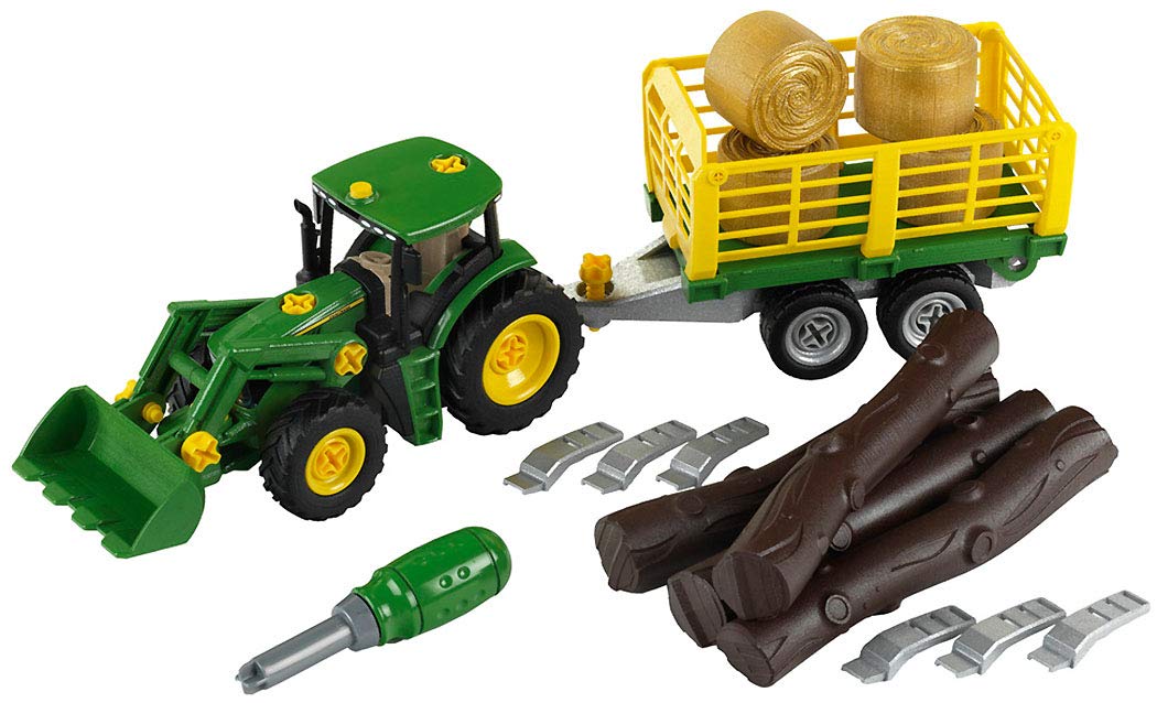Klein Theo 3906 John Deere Traktor mit Holz- und Heuwagen I Schraubset inkl. Schraubendreher I Masse