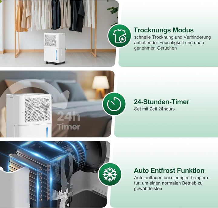 Luftentfeuchter Elektrisch,10L/Tag Hochleistungs Entfeuchter,Raumentfeuchter mit Wäschetrocknung, Ab