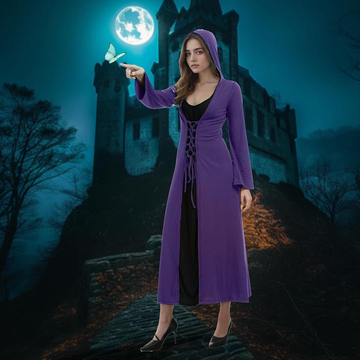 FSUJWOA Frauen Halloween Kostüme für Erwachsene mittelalterlich Kapuze Maxi Kleid für Frauen Mode Ro