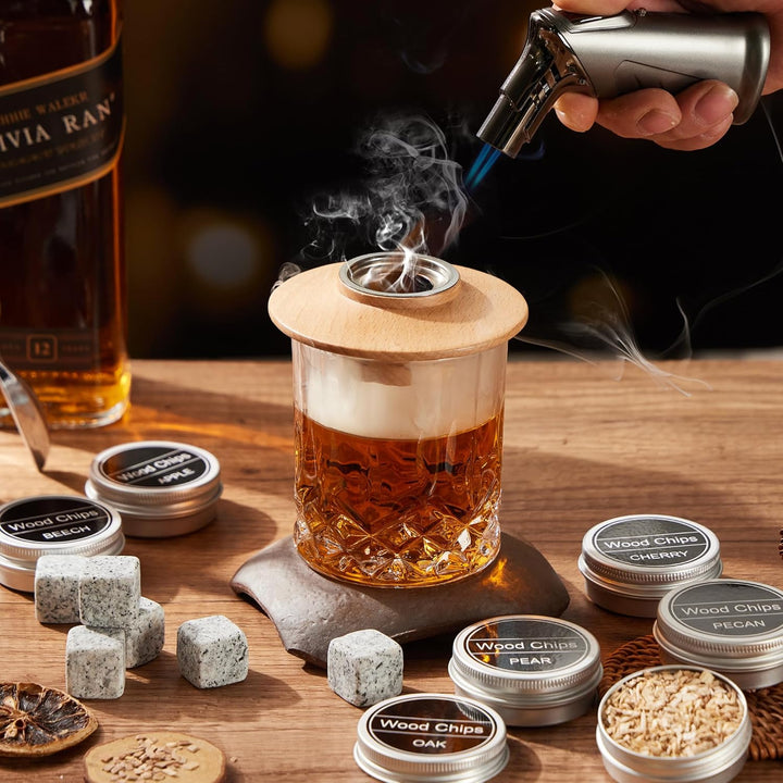 Cocktail Räucherset mit Fackel - Whiskey Smoker Kit mit 6 Holzspäne & 6 Granit Whiskey Steine - Old