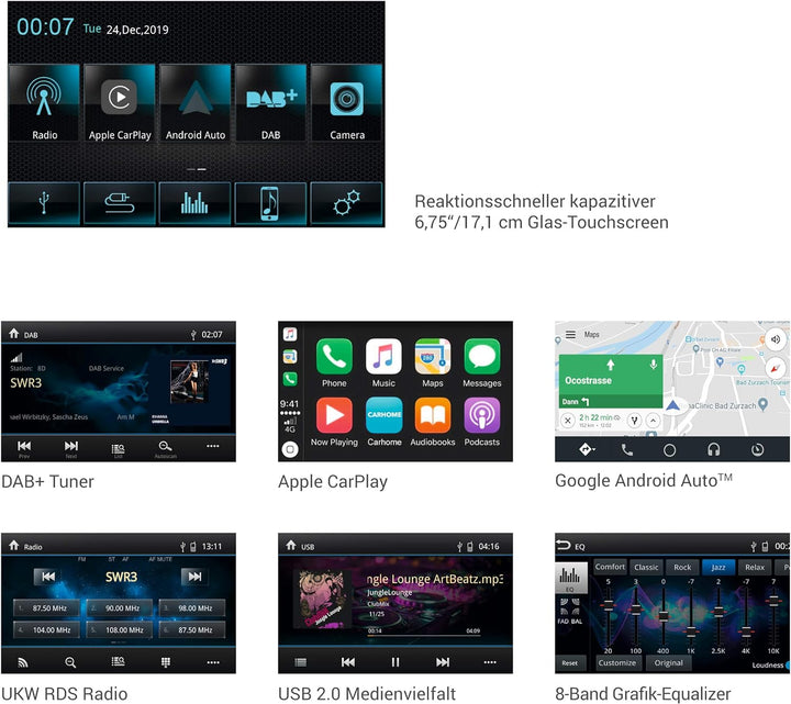 Xzent X-522: Infotainer, 2 Din Mediencenter, Multimediasystem mit 17,1 cm / 6,75“ Touchscreen, DAB+,