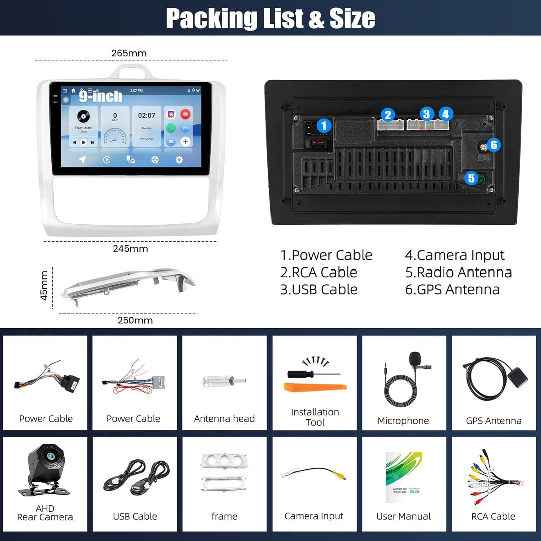 CAMECHO 4+64G Android 15 Autoradio 9 Zoll für Ford Focus Mk2 2004-2011, Navi Radio mit GPS WiFi Wire