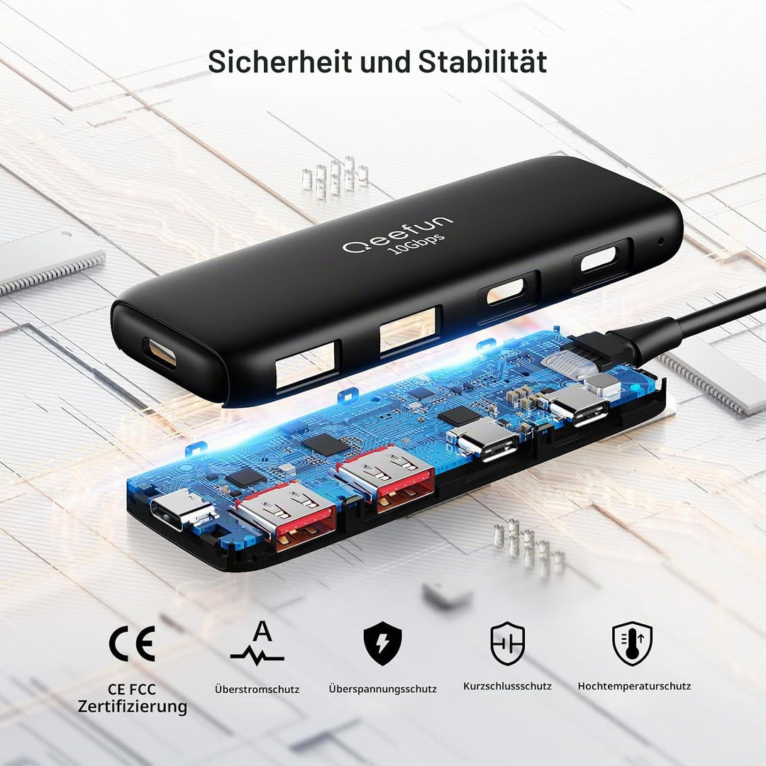 Qeefun 10Gbps USB Hub, 3.2 USB Hub mit 2 USB-C und 2 USB-A, USB 3.2 GEN 2 Splitter mit Type-C Power