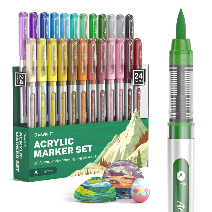 JusArt Acrylstifte 24 Farben set,1–8 mm Wasserfester Acrylmarker Pinsel Tip, für steine bemalen,holz