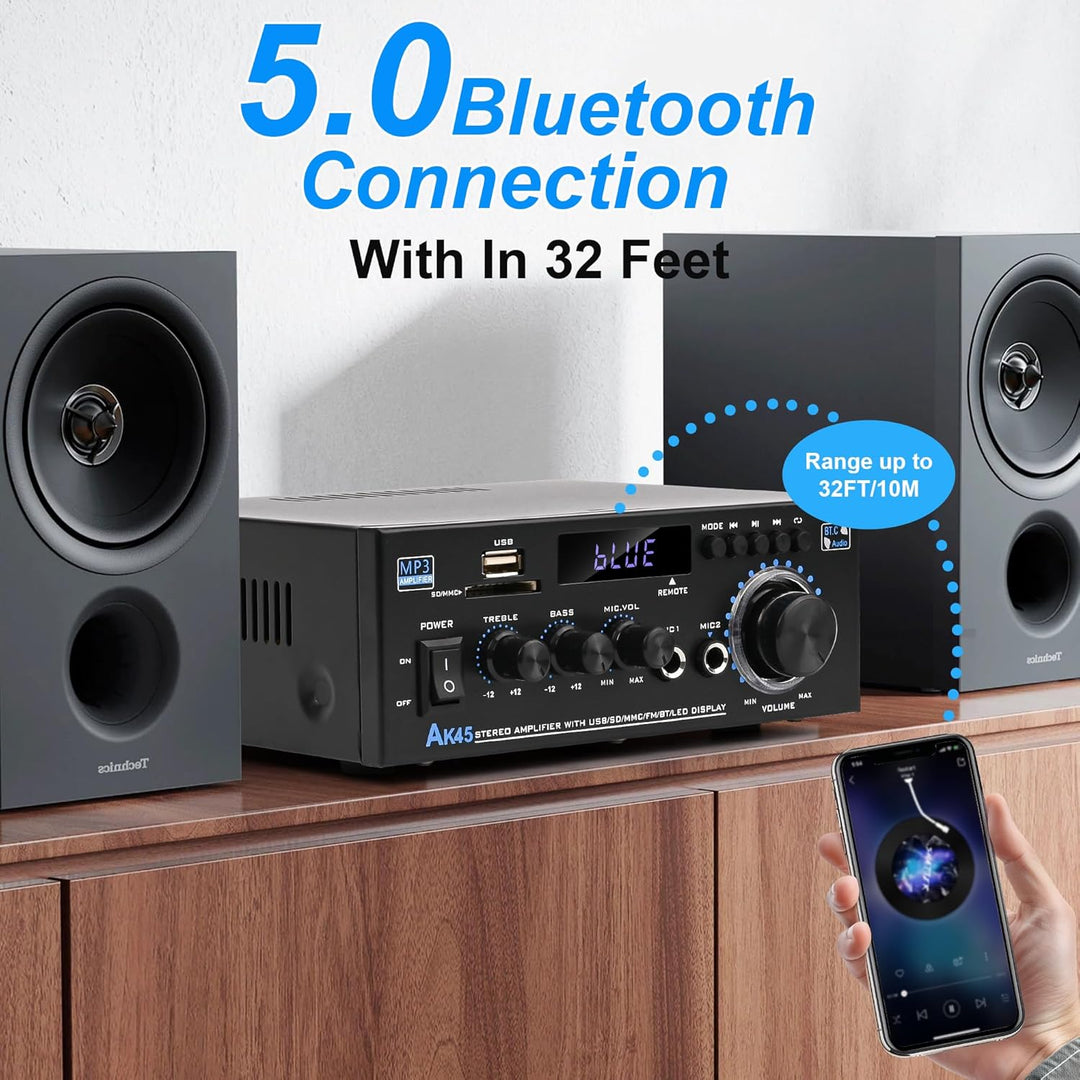HiFi-Verstärker, Mini Bluetooth Stereo Audio Verstärker Receiver 12V/ 220V 600W 2 Kanäle Endverstärk