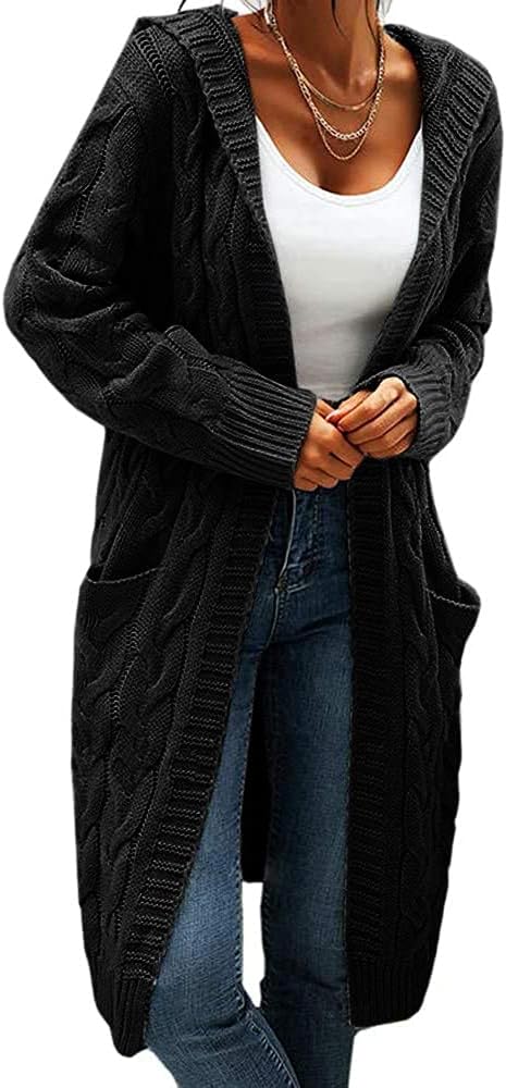 GeGekoko Strickjacke Damen mit Kapuze Langarm Grobstrick-Cardigan Open Front Sweater Herbst Winter C