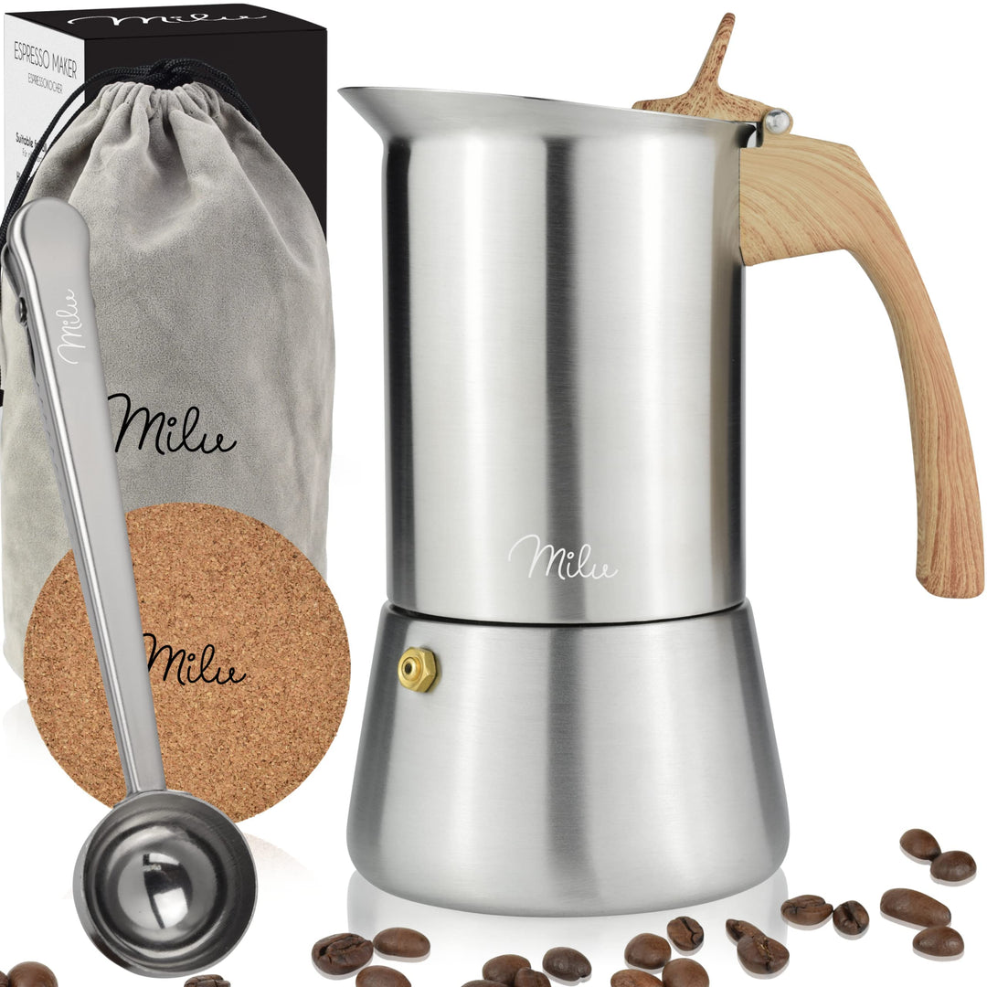 Milu Espressokocher (2 Cup No Induktion) | 2, 4, 6, 9 Tassen | Edelstahl Mokkakanne, Espressokanne,