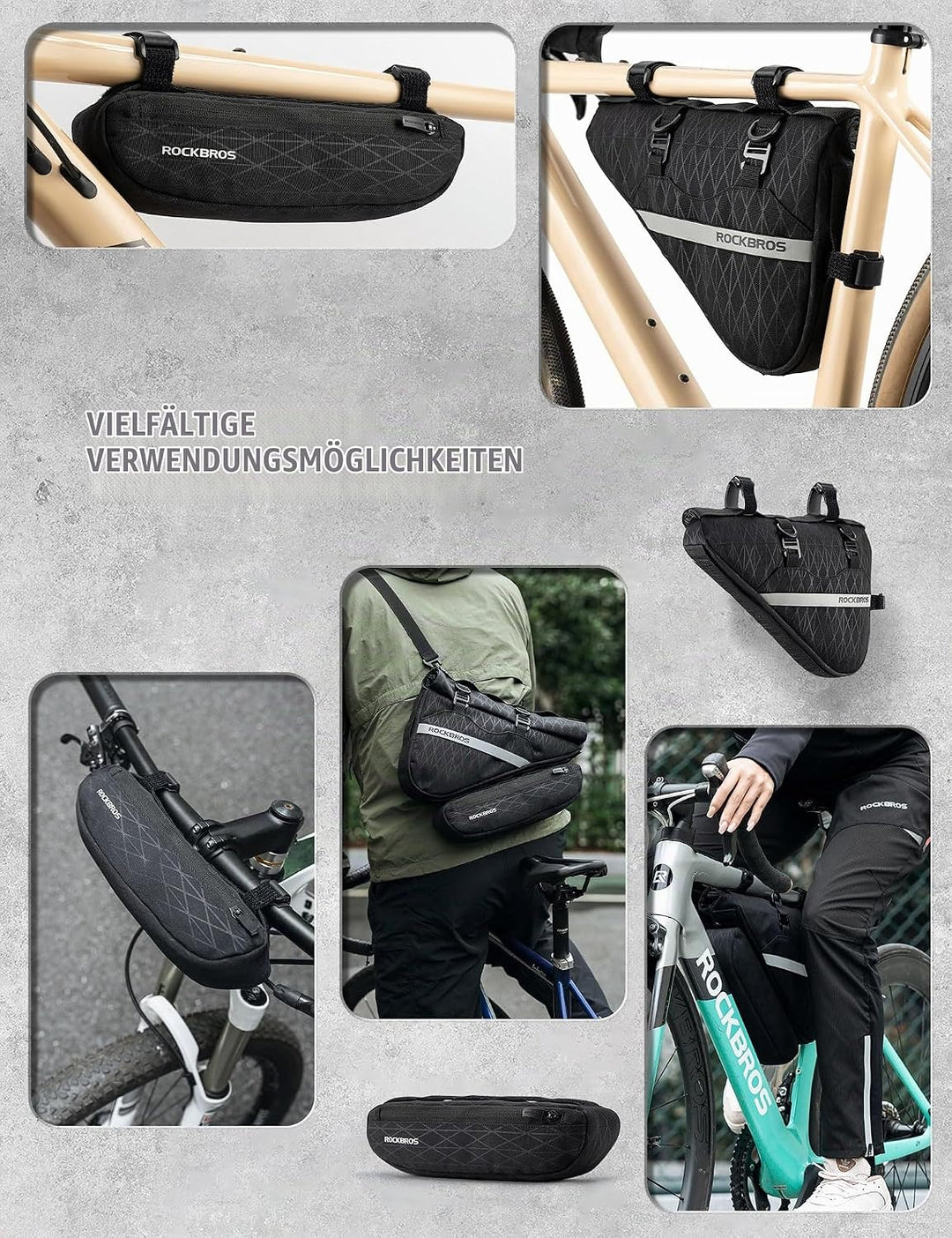 ROCKBROS Fahrradtasche Set 2-in-1 Abnehmbare Dreiecktasche Lenkertasche Rahmentasche Triangeltasche
