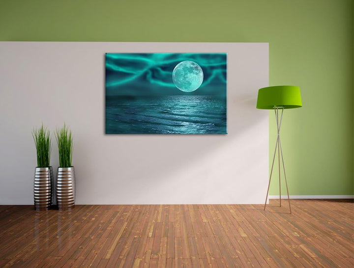 ruhiges Meer mit Vollmond schwarz/weiss Format: 100x70 auf Leinwand, XXL riesige Bilder fertig gerah