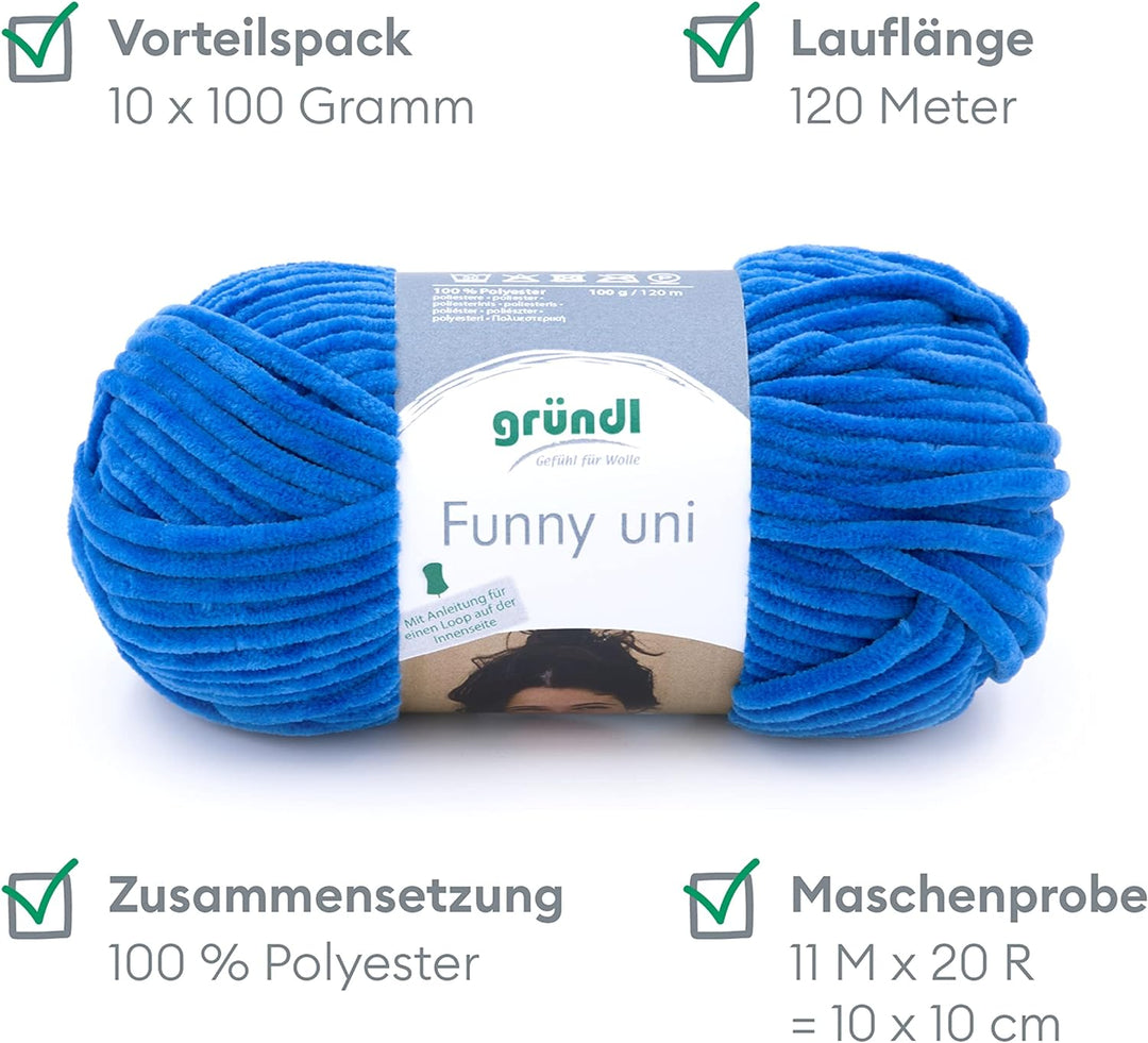 Gründl Funny uni Strick- & Häkelgarn (samtartiges Chenille-Garn aus 100 % Polyester, 10 x 100 g / 12