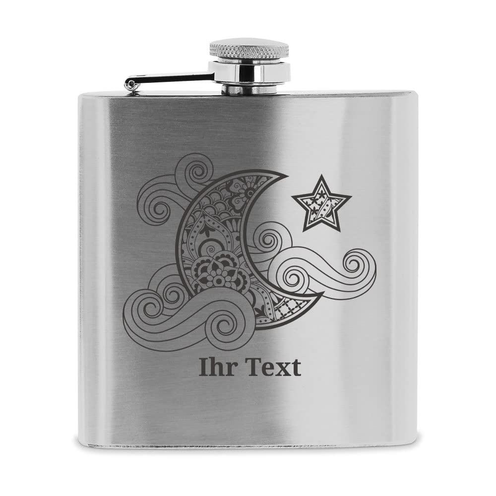 personalisierbarer Flachmann aus Edelstahl mit Name – Mond Zentangle – Taschenflasche mit Wunschgrav