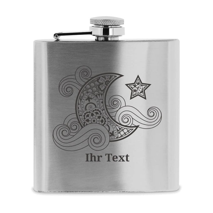 personalisierbarer Flachmann aus Edelstahl mit Name – Mond Zentangle – Taschenflasche mit Wunschgrav